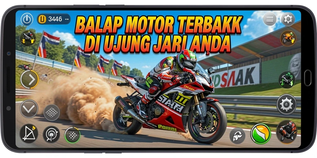 Screenshot utama menampilkan aksi balap motor yang mendebarkan.