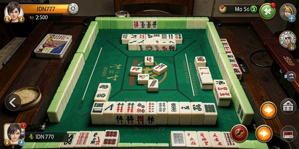 Tampilan gameplay seru IDN777 yang menampilkan Mahjong di layar.