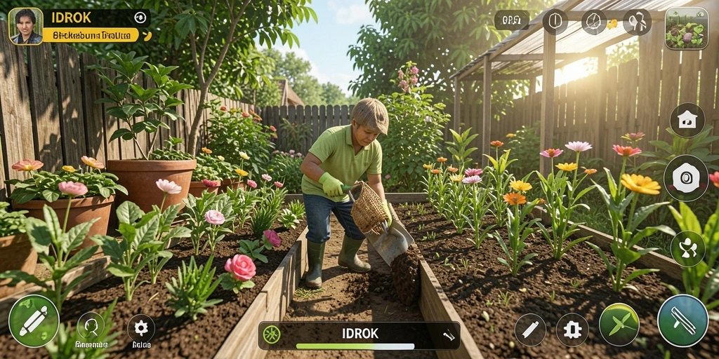 Screenshot gameplay <strong>IDROK</strong> yang menunjukkan kebun yang indah dan interaksi tanaman.