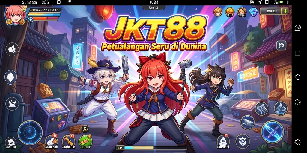 Screenshot gameplay JKT88 menunjukkan aksi karakter anime yang dinamis.
