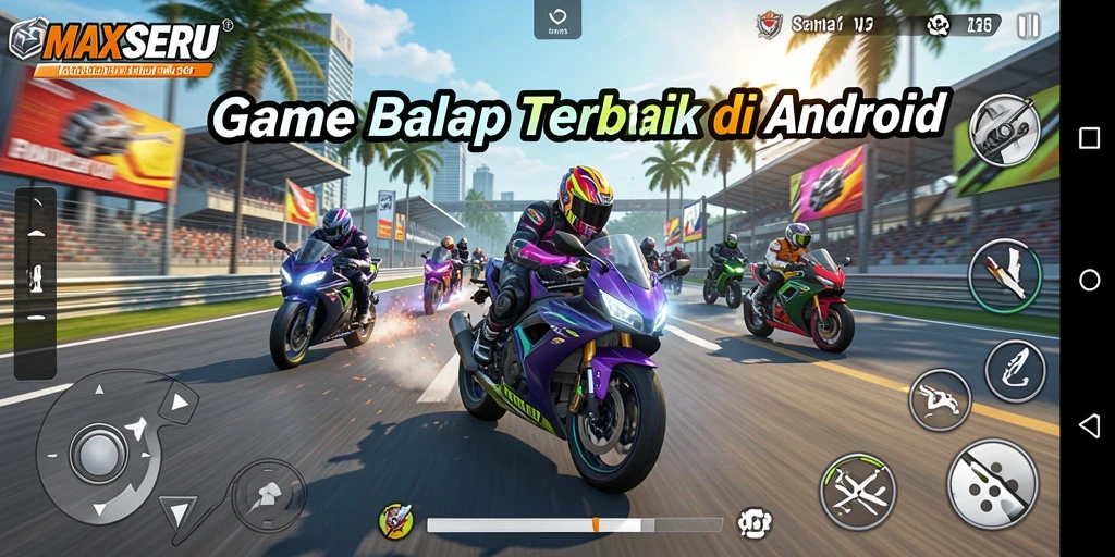 Screenshot gameplay MAXSERU menampilkan aksi balap motor yang seru dan mendebarkan.