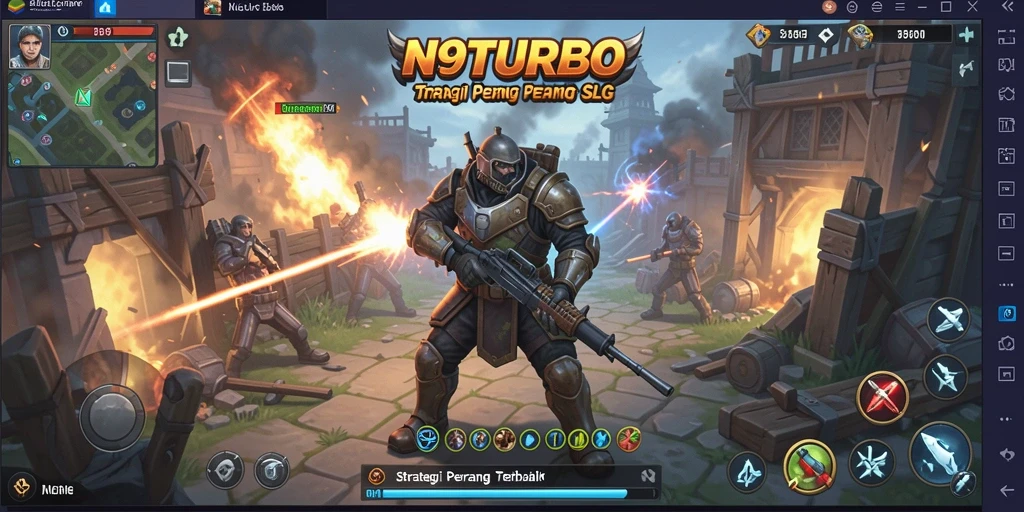 Screenshot N9TURBO menampilkan aksi pertempuran strategi yang mendebarkan.