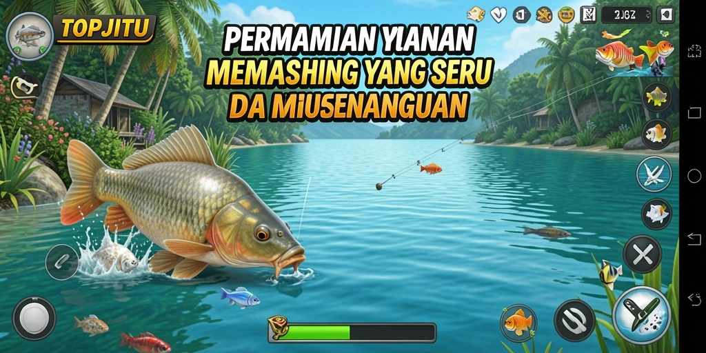 Menampilkan momen seru dalam permainan memancing TOPJITU.