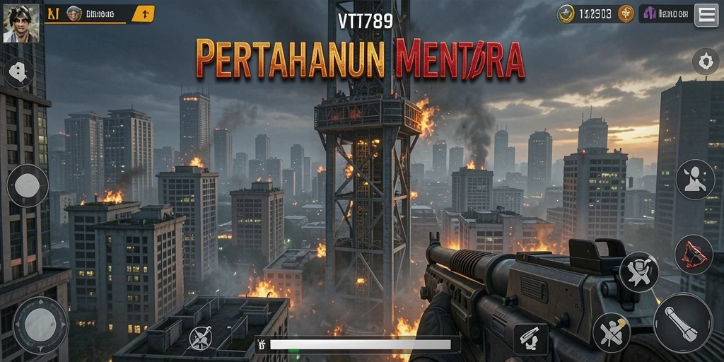 Tampilan gameplay menegangkan di VT789 dengan menara bertahan dari serangan musuh.