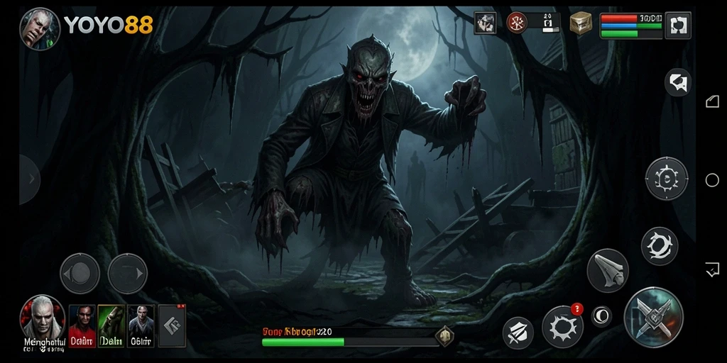 Screenshot utama gameplay <strong>YOYO88</strong> menampilkan suasana horor yang menyeramkan.