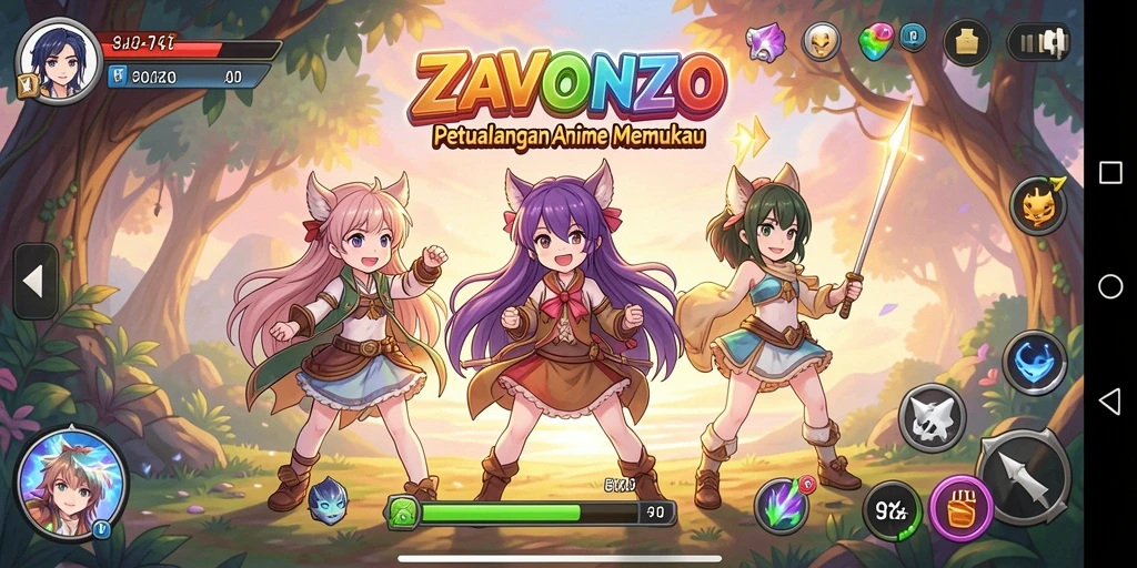 Tampilan utama gameplay ZAVONZO yang menakjubkan dan penuh aksi.